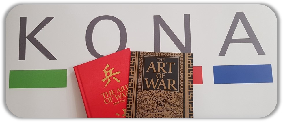 KONA logo with two 'The art of war' books. 