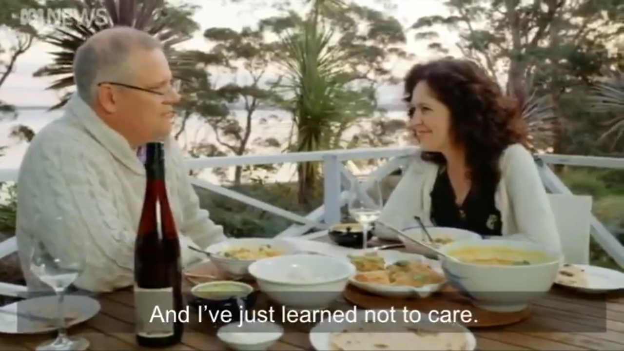 scott morrison interview with anabelle crab with caption of him saying "I've learnt not to care"