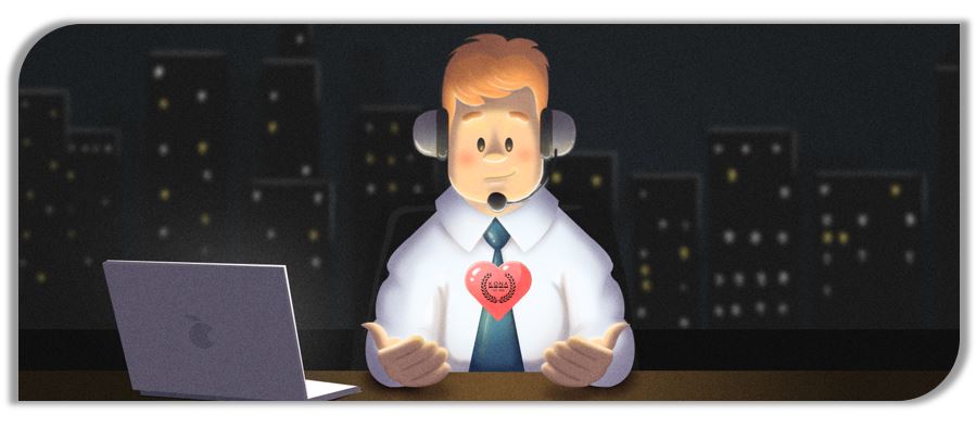 clipart customer service man with headset at desk and laptop with a heart shape in his hand