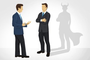 two clipart men talking with crossed arm with shadow with devil horns