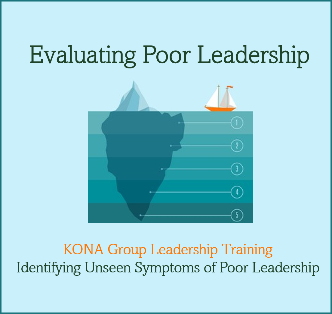 clipart image of a ship with an iceberg below it with text Evaluating Poor Leadership KONA Group Leadership Training Identifying Unseen Symptoms of Poor Leadership
