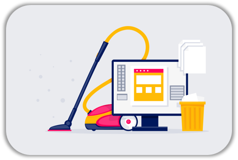 coloured clip art image of vacuum cleaner behind computer monitor and paperwork and a rubbish bin for sales ready cleaning your database training