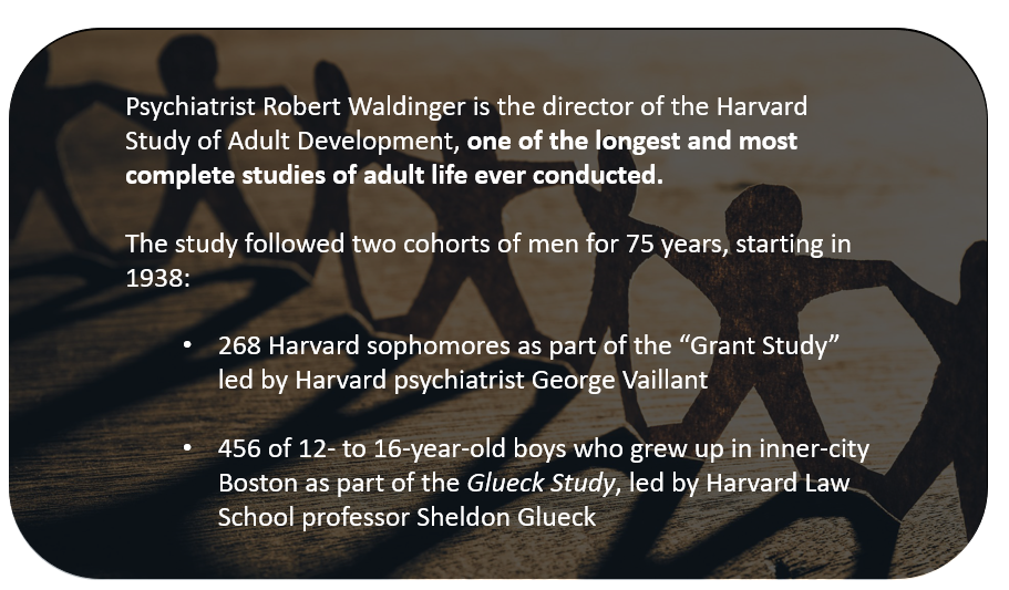 Psychiatrist Robert Waldinger is the director of the Harvard Study of Adult Development, one of the longest and most complete studies of adult life ever conducted. The study followed two cohorts of men for 75 years, starting in 1938: 268 Harvard sophomores as part of the “Grant Study” led by Harvard psychiatrist George Vaillant 456 of 12- to 16-year-old boys who grew up in inner-city Boston as part of the Glueck Study, led by Harvard Law School professor Sheldon Glueck