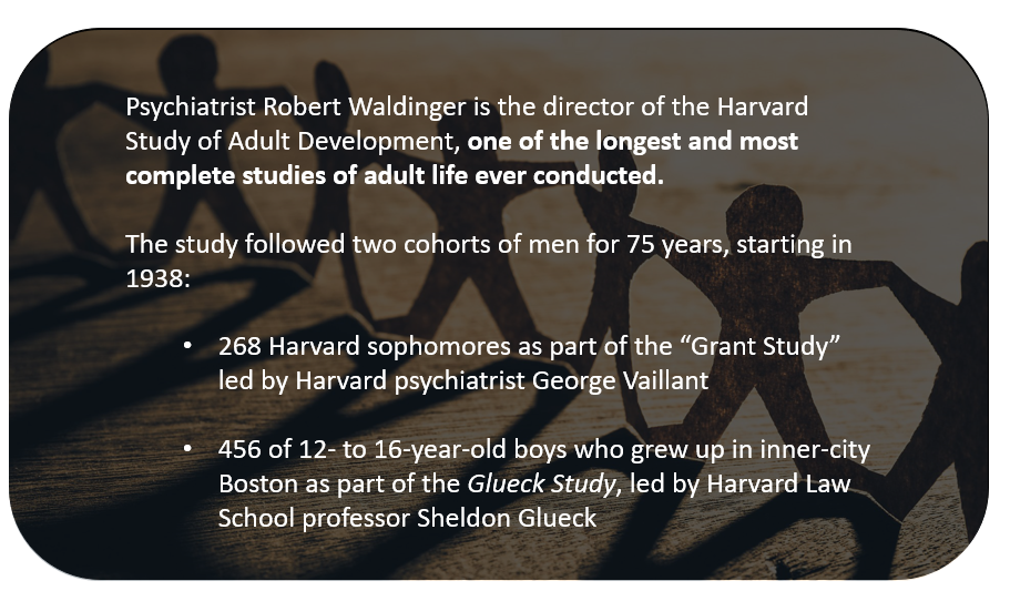 Psychiatrist Robert Waldinger is the director of the Harvard Study of Adult Development, one of the longest and most complete studies of adult life ever conducted. The study followed two cohorts of men for 75 years, starting in 1938: 268 Harvard sophomores as part of the “Grant Study” led by Harvard psychiatrist George Vaillant 456 of 12- to 16-year-old boys who grew up in inner-city Boston as part of the Glueck Study, led by Harvard Law School professor Sheldon Glueck