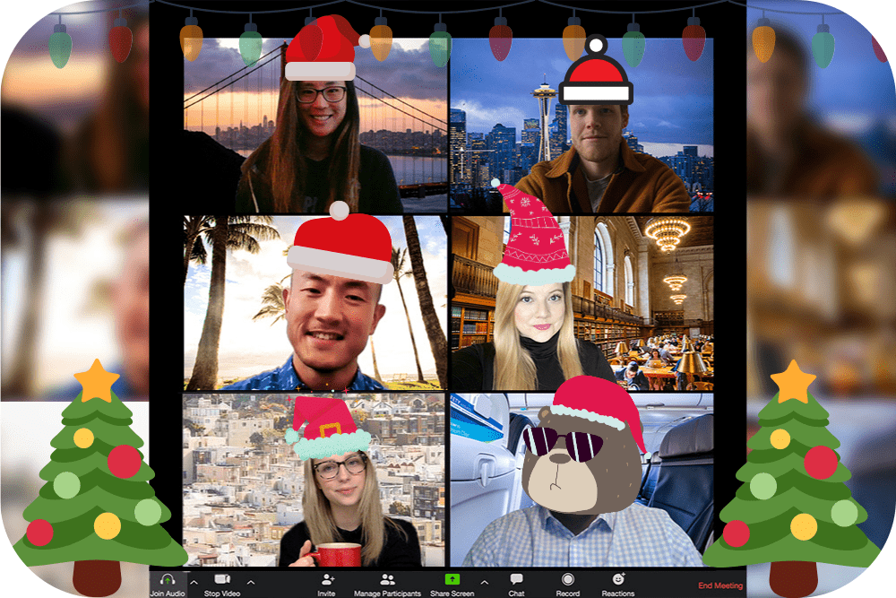 zoom meeting with six people with holiday backgrounds and clipart super imposed santa hats for a virtual christmas party