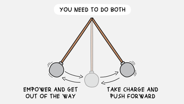 As a disruptive leader you need to be able to balance empowering your people and getting out of the way, as well as taking charge and pushing forward. 