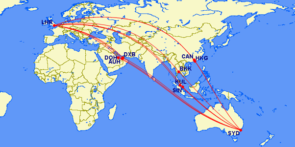 Sydney to London Travel route.